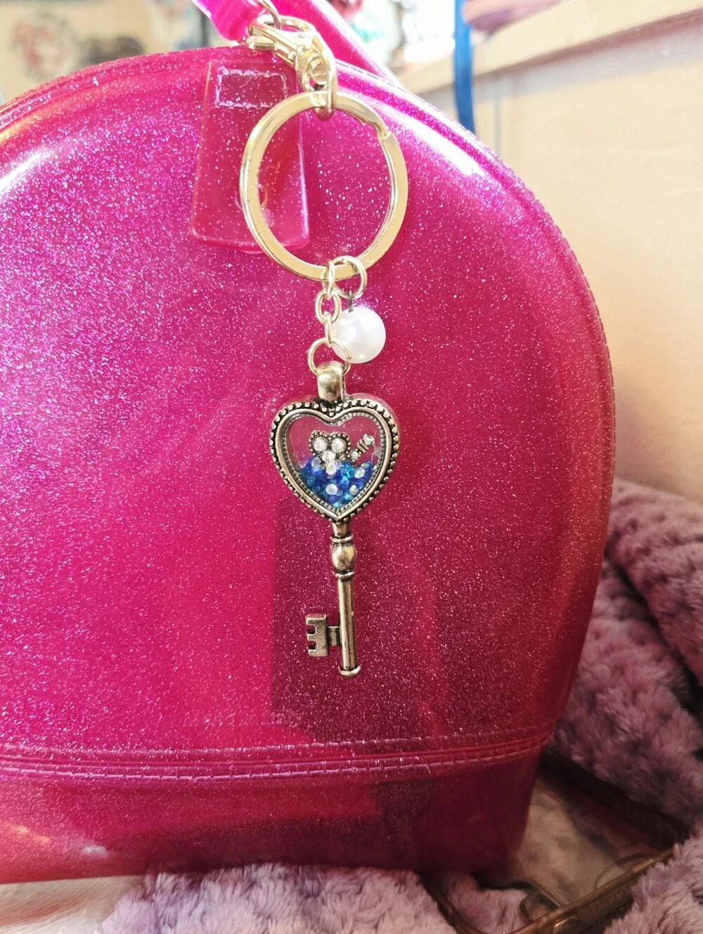 Gold Shaker Heart Key Charm Keychain with Blue Accent